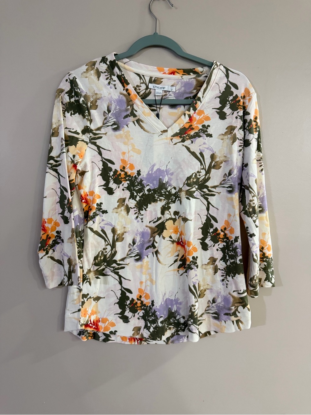 Chico's White Floral V-Neck Long Sleeve Top with Green, Lavender & Orange Print